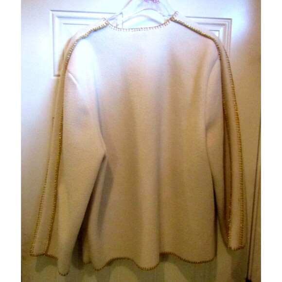 Aqua Sheen Cardigan Vintage Eggshell White Polar Fleece Sweater Gold Trim Size L - Picture 10 of 13